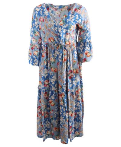 Blauwe jurk met bloemen- en paisley print