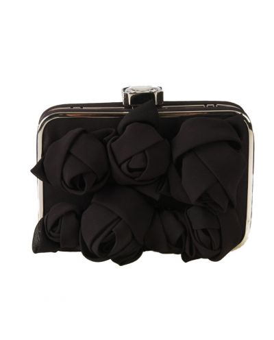 Donkerbruine crêpe voile box clutch met rozenknoppen