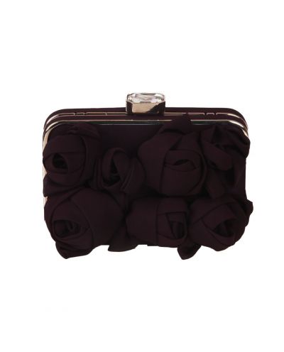 Donker-aubergine kleurige box clutch met rozenknoppen