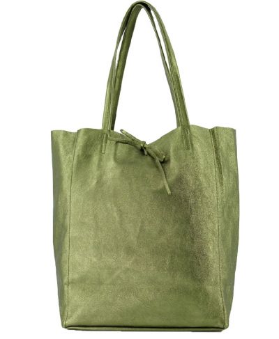 Lederen metallic shopper in olijfgroen