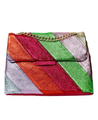 Leren hardroze metallic rainbow tas- XL