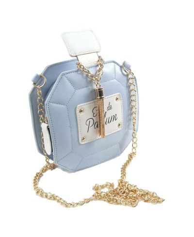 Exclusieve lichtblauwe clutch in de vorm van een Eau de Parfume flesje