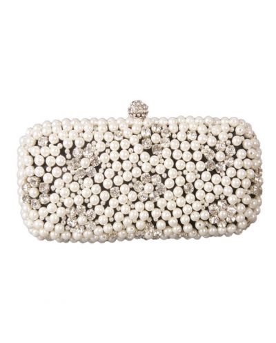 Zwarte satijnen clutch versierd met parels en kristal-strass