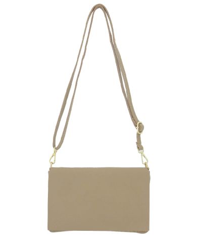 Leren fold-over clutch in taupe